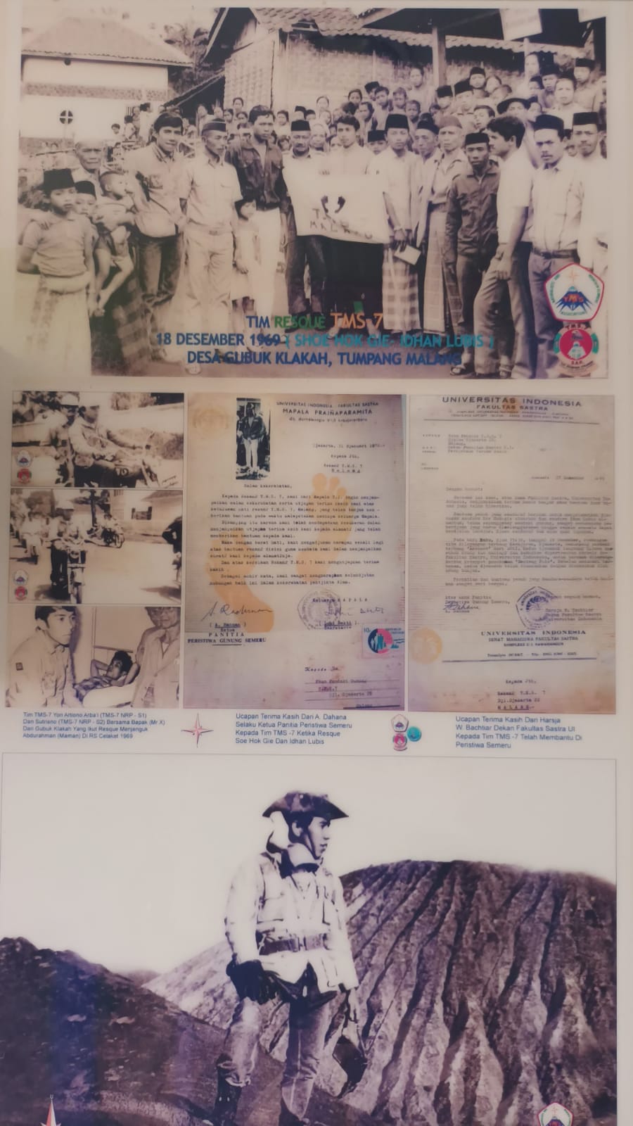 Dokumen penting berupa foto Yon Artiono Arba’i bersama tim SAR dan warga sekitar setelah berhasil mengevakuasi jenazah Soe Hok Gie.